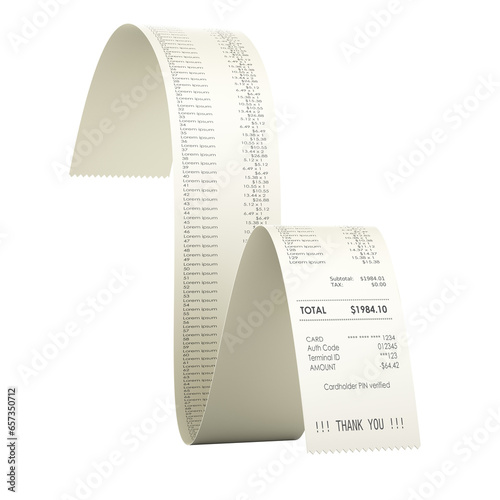Printed receipt, bill. 3D rendering isolated on transparent background