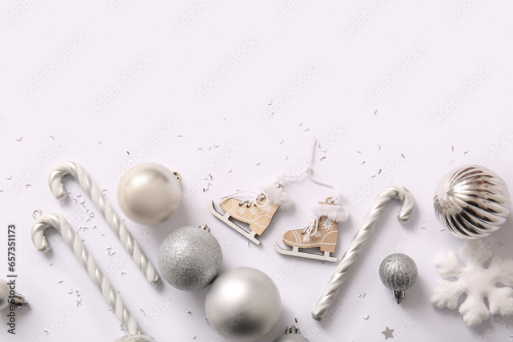 Christmas balls, snowflake and candy canes on white background Christmas balls, snowflake and candy canes on white background
