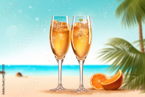 Two glasses of carbonated drink with orange slices on the ocean at summer sunset. Tropical travel concept.