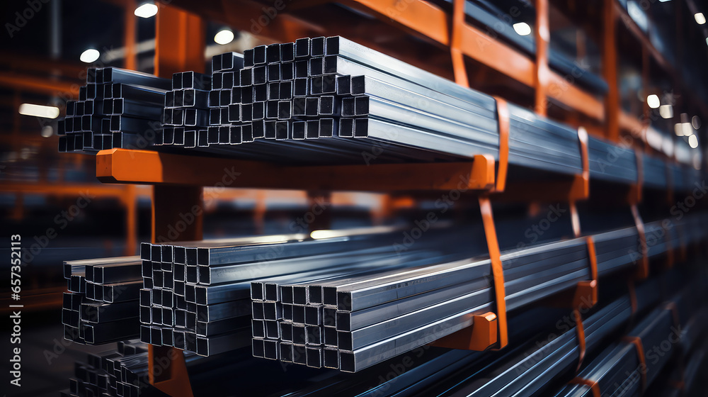 Fototapeta premium Metal blanks in the Ferrous metallurgy factory warehouse. Metal processing plant and billets industry. Tubing pile for production.