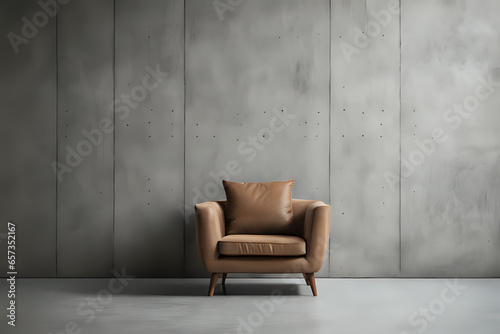 An brown armchair in a living room with a concrete wall background
