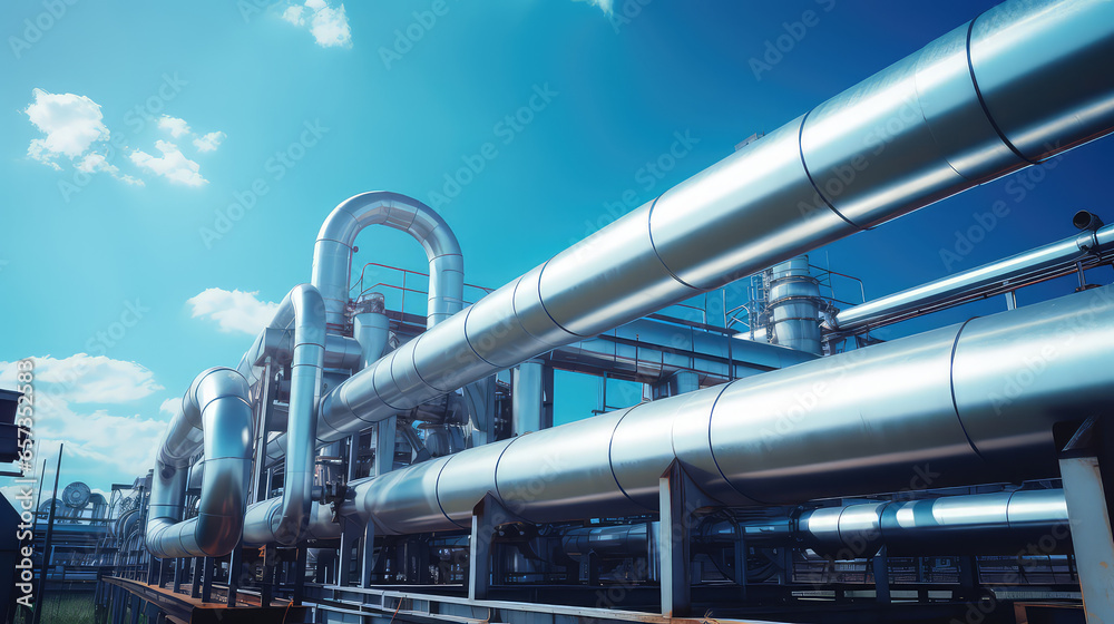 Steel pipes of chemical production on the background of sky. Chemical storage tank. Chemical industry concept. 