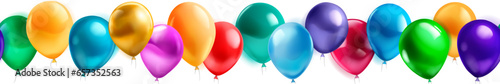 Festive birthday seamless banner with a colored helium balloons and pieces of serpentine on white background