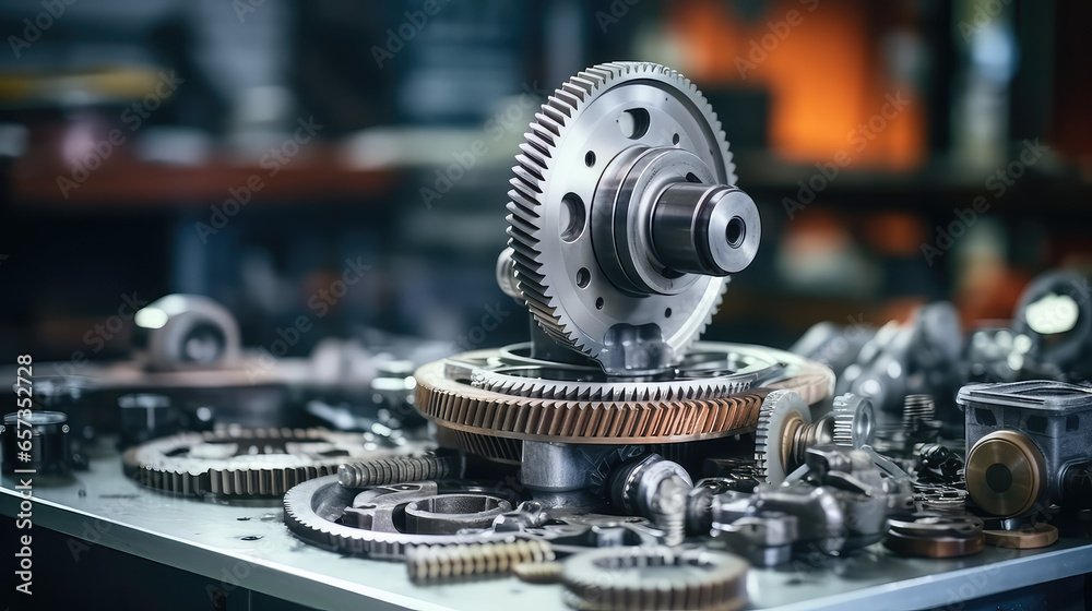 Fototapeta premium Closeup metal transmission gear part on workbench at repair factory station, fix service, maintenance. Mechanical Engineering Concept, Vehicle part detail. Metal gear mechanism.