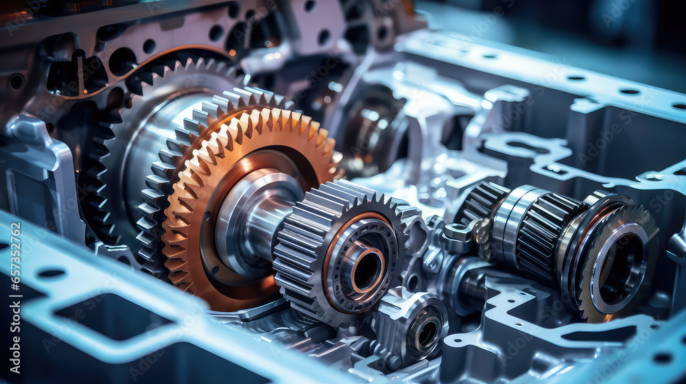 Fototapeta premium Closeup metal transmission gear part on workbench at repair factory station, fix service, maintenance. Mechanical Engineering Concept, Vehicle part detail. Metal gear mechanism. 