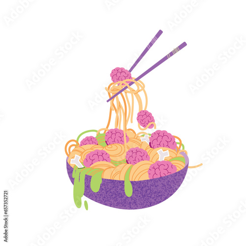 Scary Halloween food of meatballs with monster eyes and pasta with  sauce in a on the in a bowl close-up.