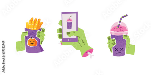 Zombie hands with cookies, phone and drink. Scary Halloween food. A set of stickers.