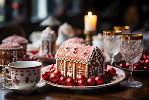 A festive gingerbread house and coffee on a holiday-themed table
