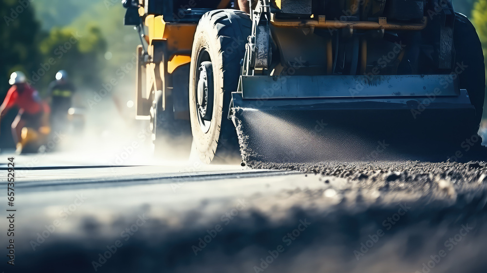 Asphalt paving with special equipment. Replacement and repair of roadbed on city streets. Repair of roads, asphalt roller.  - obrazy, fototapety, plakaty 