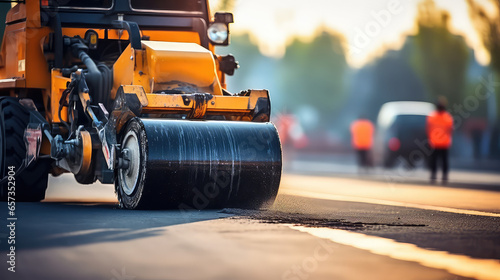 Asphalt paving with special equipment. Replacement and repair of roadbed on city streets. Repair of roads, asphalt roller.  © SnowElf