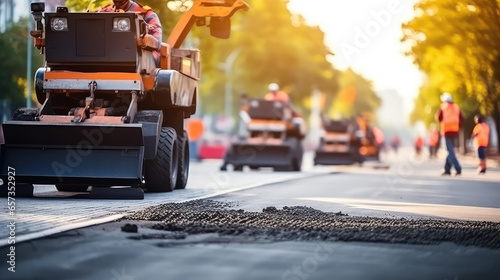 Asphalt paving with special equipment. Replacement and repair of roadbed on city streets. Repair of roads, asphalt roller. 