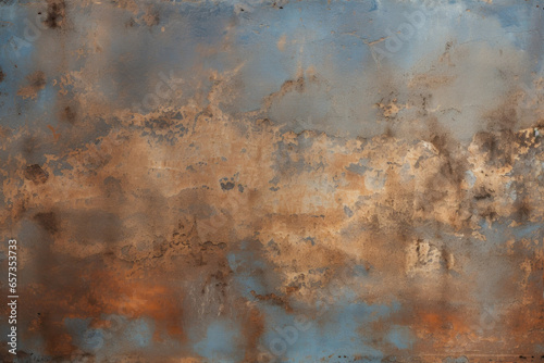 Texture of mottled metal, showcasing a mixture of cool blue and warm bronze hues. The surface is rough and grungy, with a matte finish that adds to its industrial aesthetic.