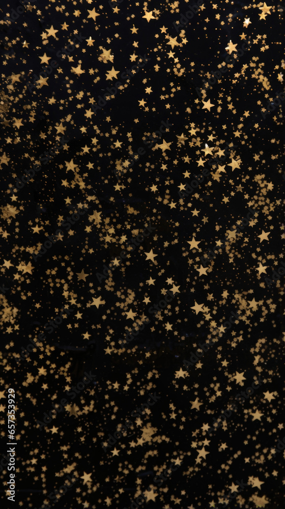 Texture of a glittery plastic resembling a starry night sky. The black base is sprinkled with silver and gold glitter, resembling ling stars in the dark.