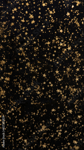 Texture of a glittery plastic resembling a starry night sky. The black base is sprinkled with silver and gold glitter, resembling ling stars in the dark.