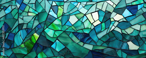 Closeup of a mosaicstyle stained glass window with an abstract, geometric design in shades of green and blue, with a rough, uneven surface adding a unique textural element.