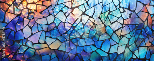 Closeup of a hammered glass texture with a mosaiclike appearance, featuring tiny glass fragments delicately fused together. The glass has a rainbow iridescence and a smooth, cool feel.