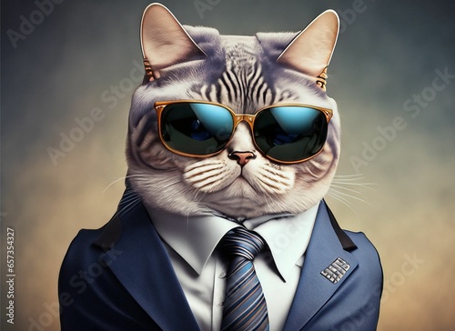 A cat wearing sunglasses and a suit with a tie. Generative AI image. 