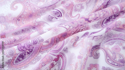 Texture of a light and airy cotton voile fabric, featuring a delicate paisley print in shades of pink and lavender. The fabric has a semi quality and is perfect for creating flowing and photo