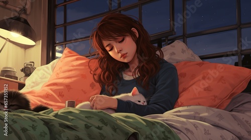 Cool Lofi Girl studying at her desk. Rainy or cloudy outside, beautiful chill, atmospheric wallpaper. 4K streaming background. lo-fi, hip-hop style. Anime manga style. photo