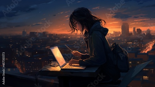 Cool Lofi Girl studying at her desk. Rainy or cloudy outside, beautiful chill, atmospheric wallpaper. 4K streaming background. lo-fi, hip-hop style. Anime manga style.