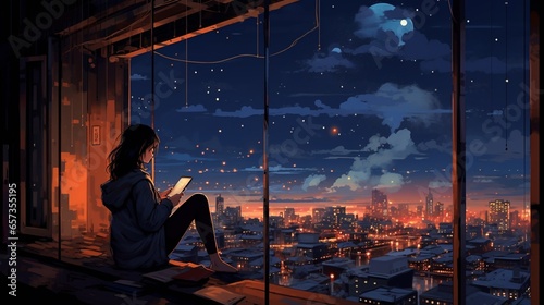 Cool Lofi Girl studying at her desk. Rainy or cloudy outside, beautiful chill, atmospheric wallpaper. 4K streaming background. lo-fi, hip-hop style. Anime manga style. photo