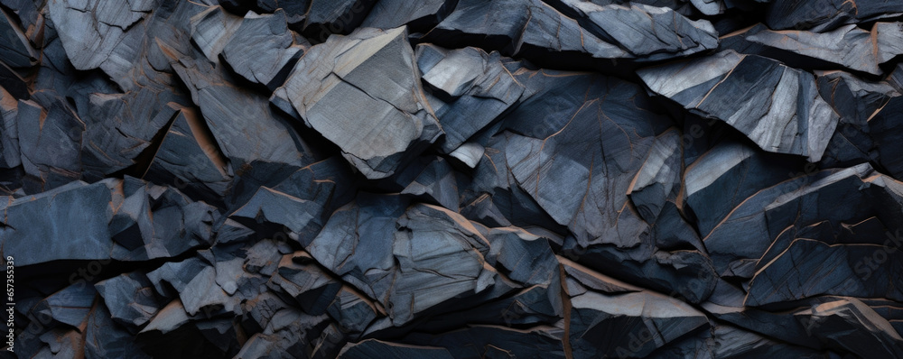 Detailed shot of jagged volcanic basalt, featuring shades of midnight blue and burnt sienna with jagged, sharp edges and a co, grainy texture.