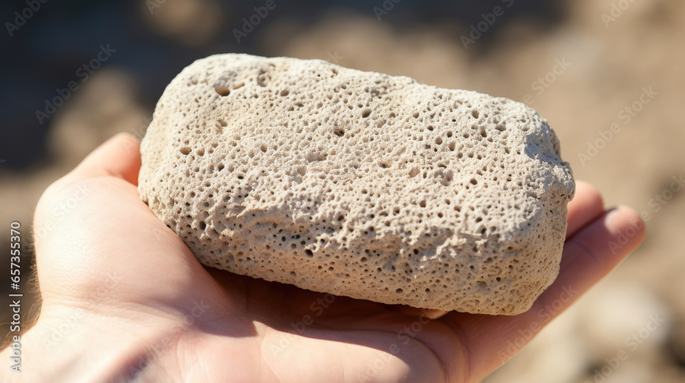 Closeup of a pumice stone with a porous surface, showcasing its craggy