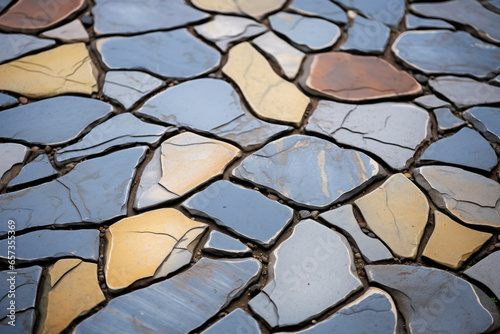 A closeup of a flagstone patio reveals a multitude of tiny, intricate patterns and textures, reminiscent of a mosaic or puzzle.
