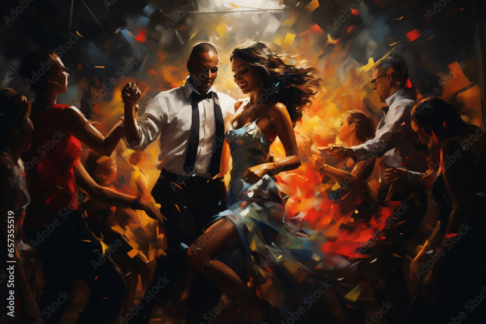 Naklejka premium Dynamic Nightclub Revelers Engaged in Vibrant Dance Moves
