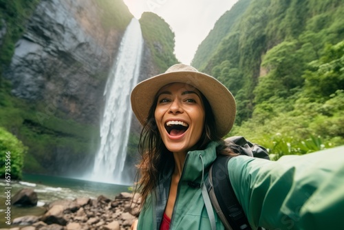 The joy of a female hiker capturing a picture at a waterfall location generative ai