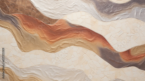 Closeup of a beautiful faience texture, with a fusion of warm earth tones and subtle metallic accents. The handpainted design is intricate yet balanced, creating a unique and eyecatching photo