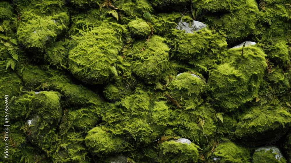 Closeup of a Textured MossCovered Stone, revealing a multitude of small, densely packed moss patches that create a unique and intricate pattern.