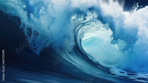 Closeup of a deep blue ocean wave, towering and powerful as it curls and crashes onto the rocky seashore, leaving behind a misty spray.