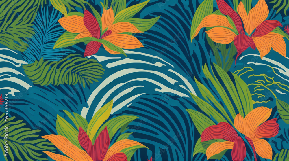 Celebrate the vibrant spirit of the Aloha State with a colorful and whimsical pattern that captures the essence of Hawaii, from the lush green foliage to the bright blue generative AI - obrazy, fototapety, plakaty 