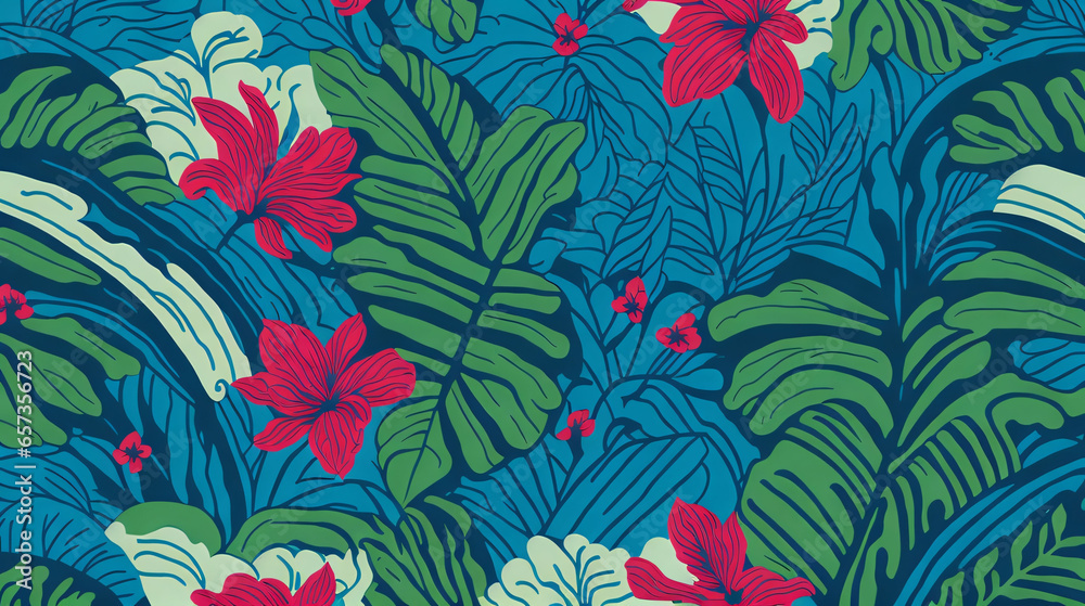 Celebrate the vibrant spirit of the Aloha State with a colorful and whimsical pattern that captures the essence of Hawaii, from the lush green foliage to the bright blue generative AI