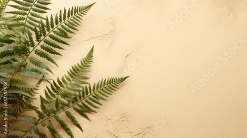 Generative AI  fern leaves on a beige background  plant branches  herbarium  background for advertising  empty space  floral  nature  eco-friendly  stylish  ikebana  space for text  forest  flower