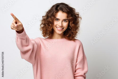 handsome young woman two hands pointing to right and looking at in positive mood, , photo, white background, high quality