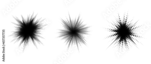 Halftone burst element set. Pop art dotted explosion blast collection. Comic light star glow with grunge texture effect. Abstract retro shine star flare for decoration. Vector pixelated splash pack
