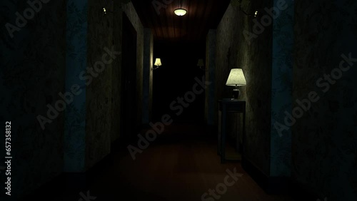 Scary hallway with evil spirit. Haunted house corridor animation.