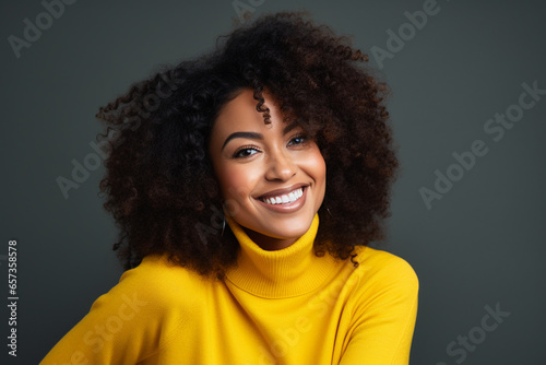 a very detailed dark - skinned 23 year old black woman posing for the cover of a business magazine. yellow concept