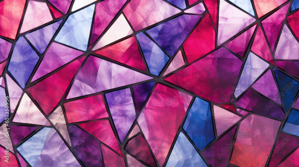 Texture of a geometric glass design, resembling a stained glass window with its intricate arrangement of triangles and rectangles in shades of purple, red, and green. The glass has a smooth,