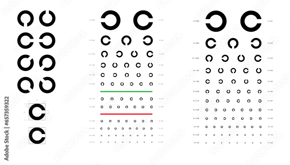 Landolt C Eye Test Chart broken ring medical illustration. Japanese