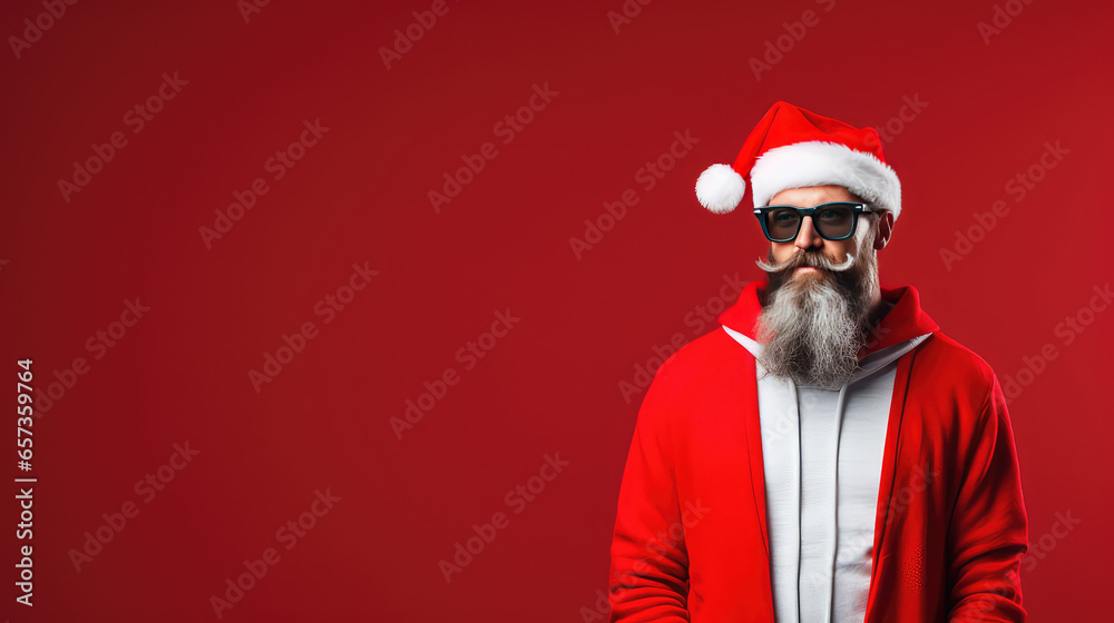 Trendy hipster Santa on flat red background with copy space. New year, gifts, modern grandfather frost man with beard.