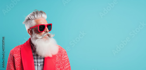 Trendy hipster Santa on flat background with copy space. New year, gifts, modern grandfather frost man with beard. photo