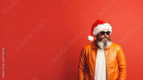 Trendy hipster Santa on flat red background with copy space. New year, gifts, modern grandfather frost man with beard.