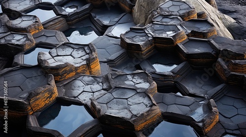 natural wonders with hexagonal shapes, such as basalt columns or honeycomb structures, background image, AI generated