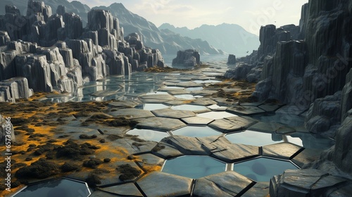 natural wonders with hexagonal shapes, such as basalt columns or honeycomb structures, background image, AI generated