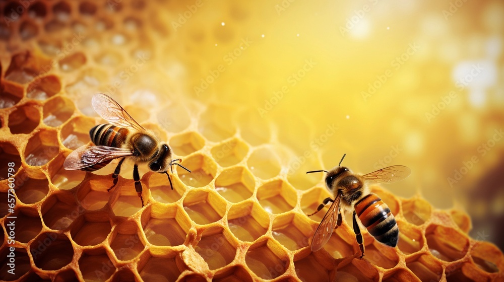 hexagonal beehive with bees at work, set against a textured background. Allow space for text, background image, AI generated - obrazy, fototapety, plakaty 