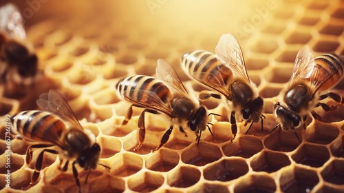 hexagonal beehive with bees at work, set against a textured background. Allow space for text, background image, AI generated © Hifzhan Graphics