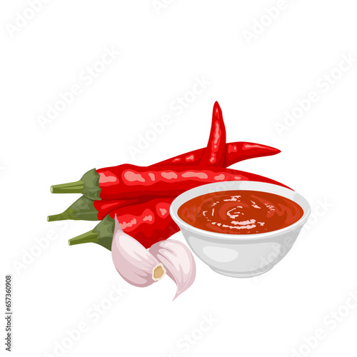 Vector illustration, sriracha sauce in a white bowl, with red chilies and garlic cloves, isolated on a white background.